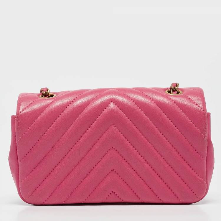 Pre Owned Chanel Fuchsia Chevron Leather Extra Mini Rectangular Flap Bag