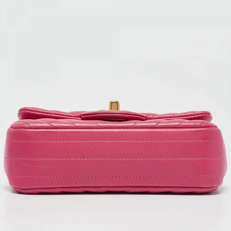 Pre Owned Chanel Fuchsia Chevron Leather Extra Mini Rectangular Flap Bag