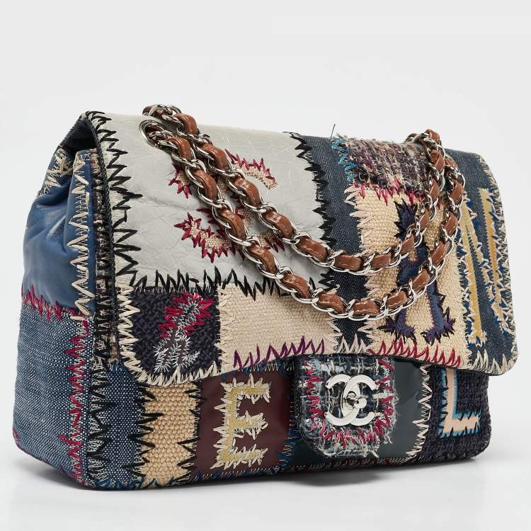 Pre Owned Chanel Multicolor Patchwork Leather and Fabric Jumbo Classic Single Flap Bag