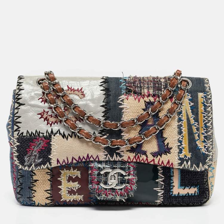 Pre Owned Chanel Multicolor Patchwork Leather and Fabric Jumbo Classic Single Flap Bag