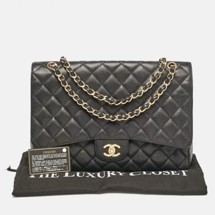 Pre Owned Chanel Black Quilted Caviar Leather Maxi Classic Single Flap Bag