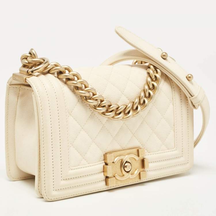 Pre Owned Chanel Cream Quilted Caviar Leather Small Boy Flap Bag