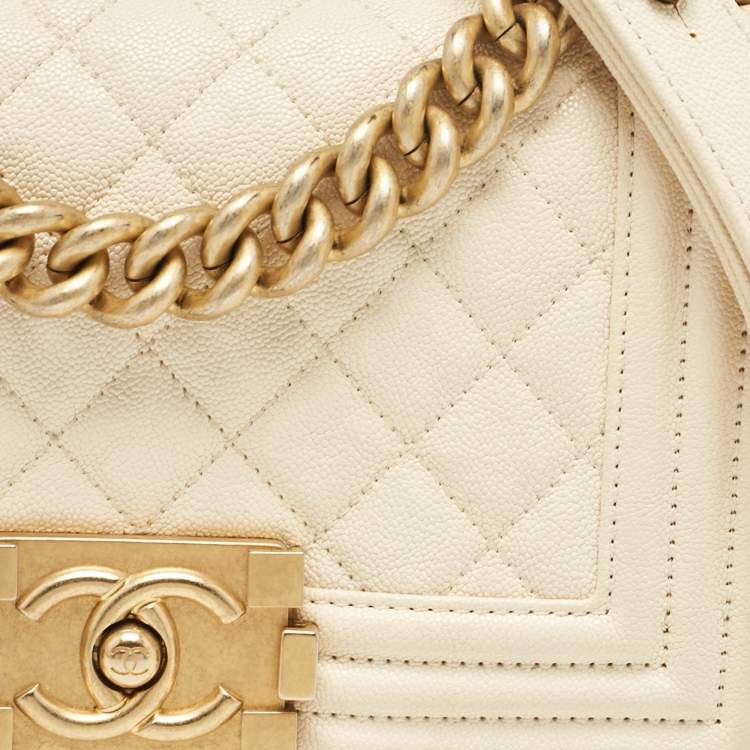 Pre Owned Chanel Cream Quilted Caviar Leather Small Boy Flap Bag