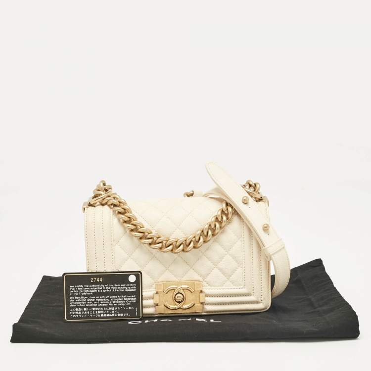 Pre Owned Chanel Cream Quilted Caviar Leather Small Boy Flap Bag