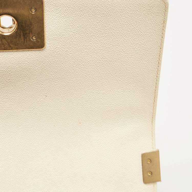 Pre Owned Chanel Cream Quilted Caviar Leather Small Boy Flap Bag