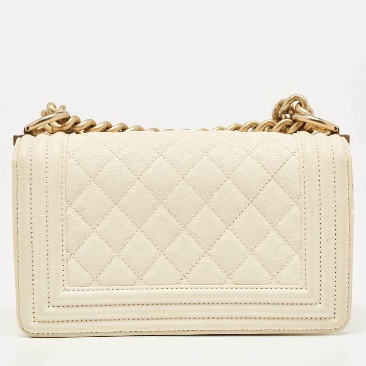Pre Owned Chanel Cream Quilted Caviar Leather Small Boy Flap Bag
