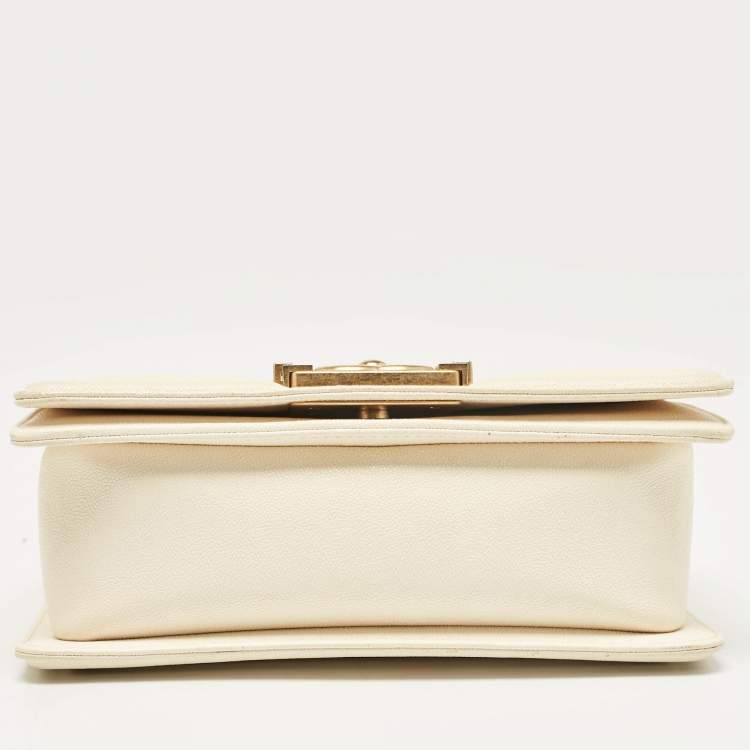 Pre Owned Chanel Cream Quilted Caviar Leather Small Boy Flap Bag