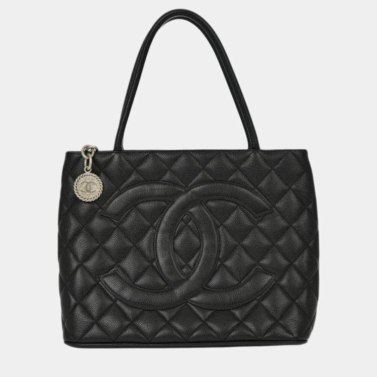 Pre Owned Chanel Black Calfskin Medallion Tote Handbag