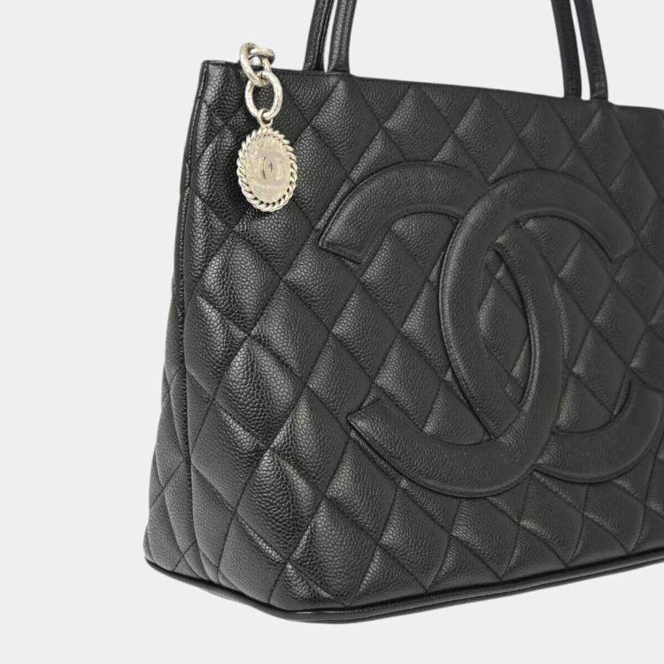 Pre Owned Chanel Black Calfskin Medallion Tote Handbag