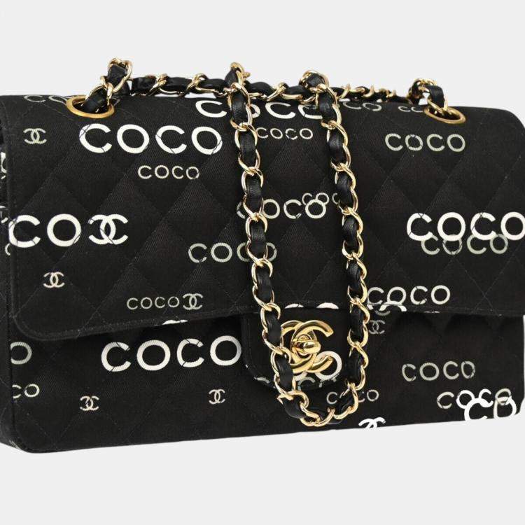 Pre Owned Chanel Black Canvas Coco Medium Classic Double Flap Shoulder Bag