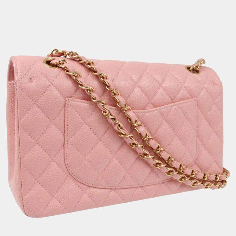 Pre Owned Chanel Pink Calfskin Medium Classic Double Flap Shoulder Bag