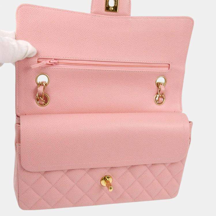 Pre Owned Chanel Pink Calfskin Medium Classic Double Flap Shoulder Bag