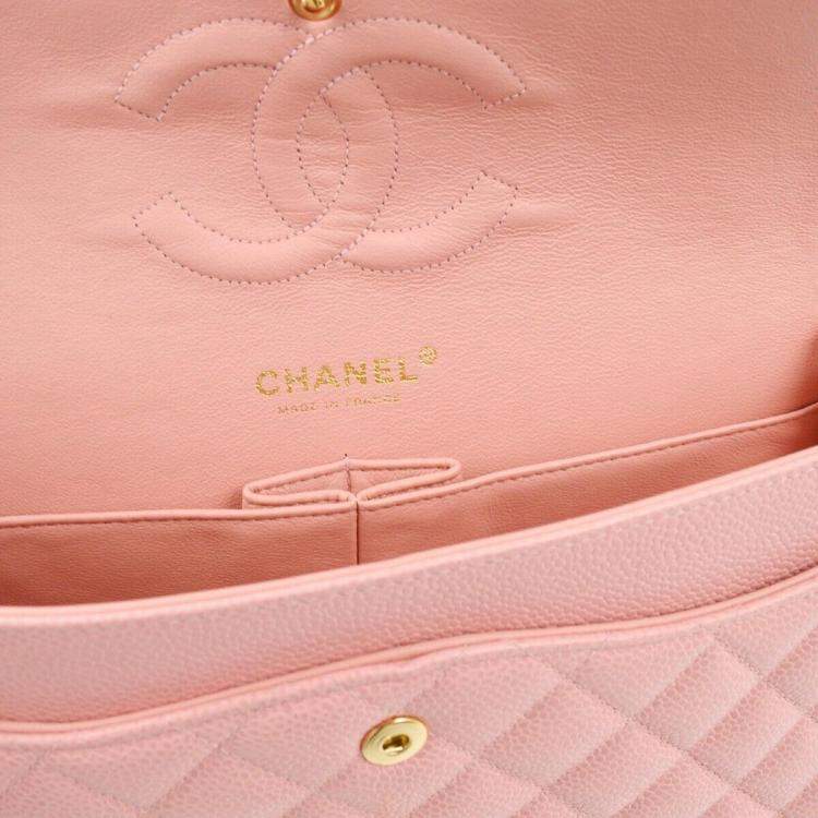 Pre Owned Chanel Pink Calfskin Medium Classic Double Flap Shoulder Bag