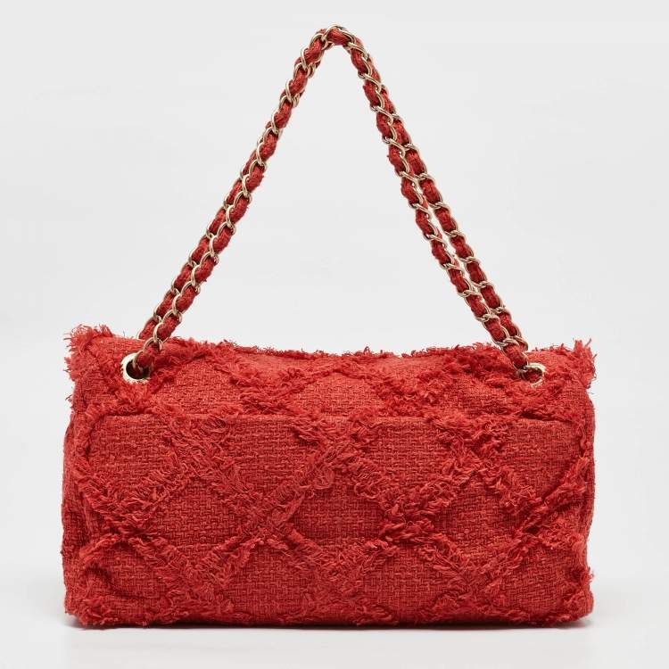 Pre Owned Chanel Red Diamond Stitch Tweed Maxi Nature Flap Bag                  