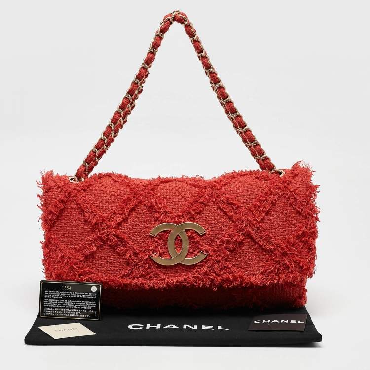 Pre Owned Chanel Red Diamond Stitch Tweed Maxi Nature Flap Bag                  