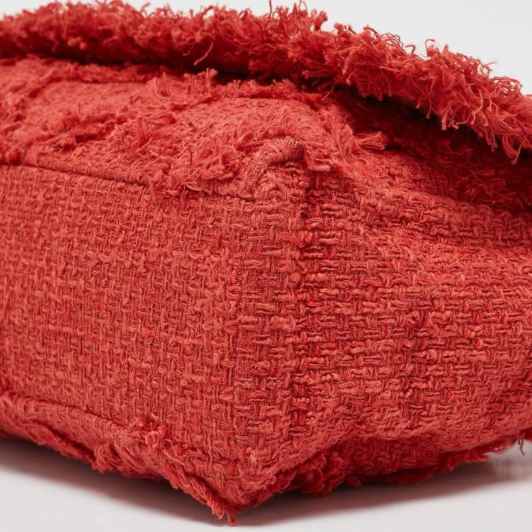 Pre Owned Chanel Red Diamond Stitch Tweed Maxi Nature Flap Bag                  