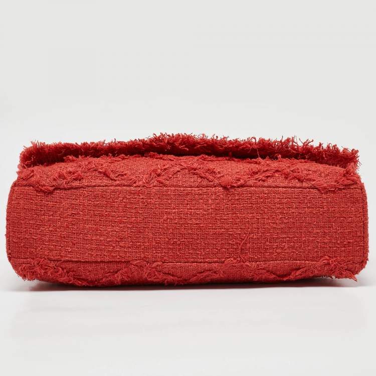 Pre Owned Chanel Red Diamond Stitch Tweed Maxi Nature Flap Bag                  