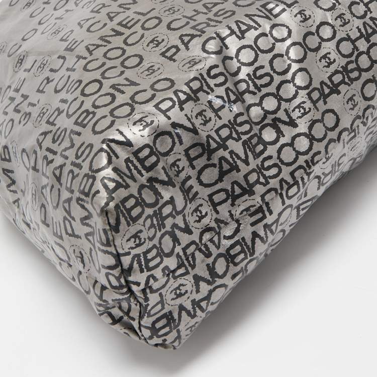 Pre Owned Chanel Silver Coated Nylon 31 Rue Cambon Graphic Drawstring Tote