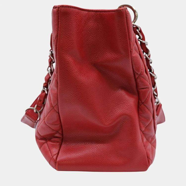 Pre Owned Chanel Red Caviar Skin Gst Matelasse Chain Tote Bag
