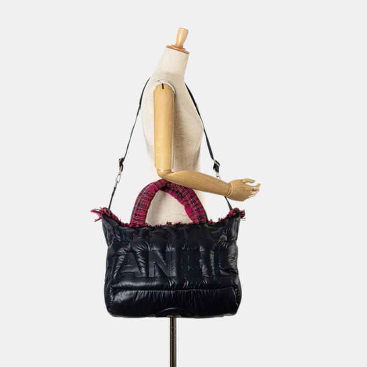 Pre Owned Chanel Navy Pink Nylon Wool Doudone Coconneige Embossed Handbag