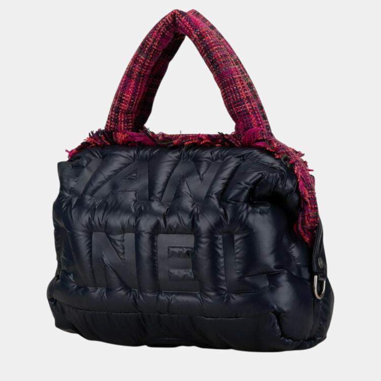 Pre Owned Chanel Navy Pink Nylon Wool Doudone Coconneige Embossed Handbag