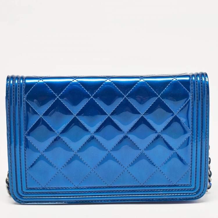 Pre Owned Chanel Royal Blue Quilted Patent Leather Boy Wallet on Chain