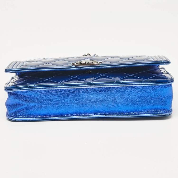 Pre Owned Chanel Royal Blue Quilted Patent Leather Boy Wallet on Chain