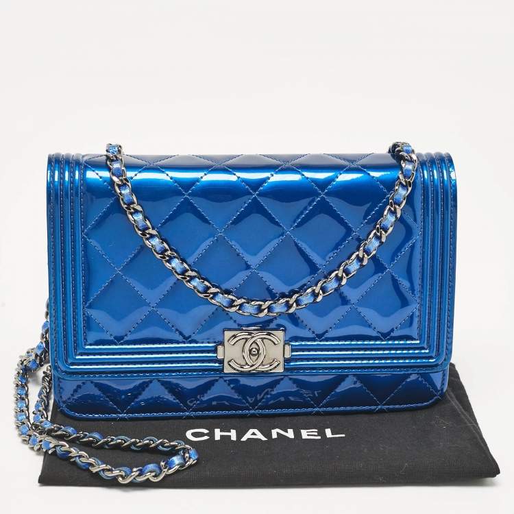 Pre Owned Chanel Royal Blue Quilted Patent Leather Boy Wallet on Chain