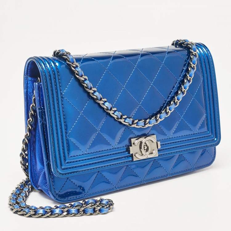 Pre Owned Chanel Royal Blue Quilted Patent Leather Boy Wallet on Chain