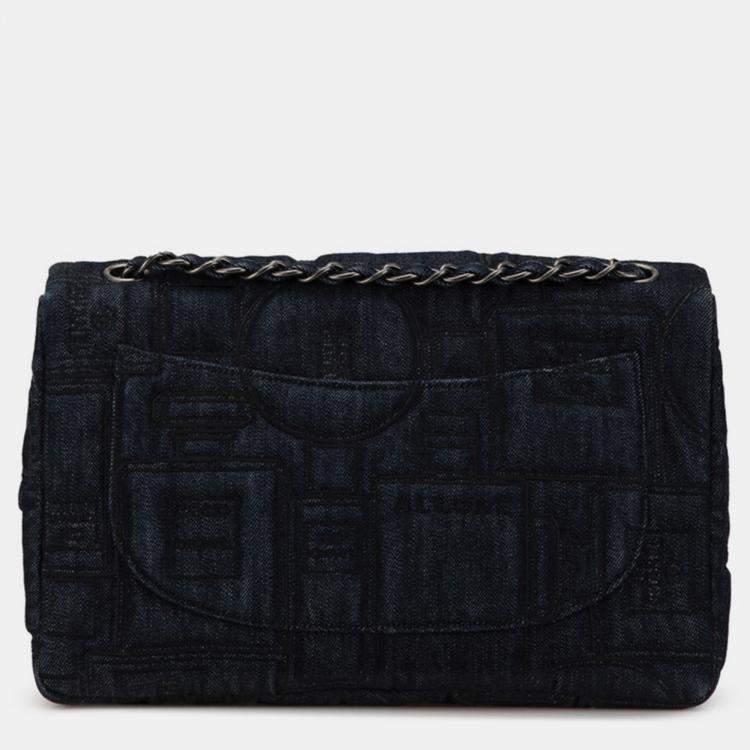 Pre Owned Chanel Blue Denim Perfume Embroidery Chain Shoulder Bag