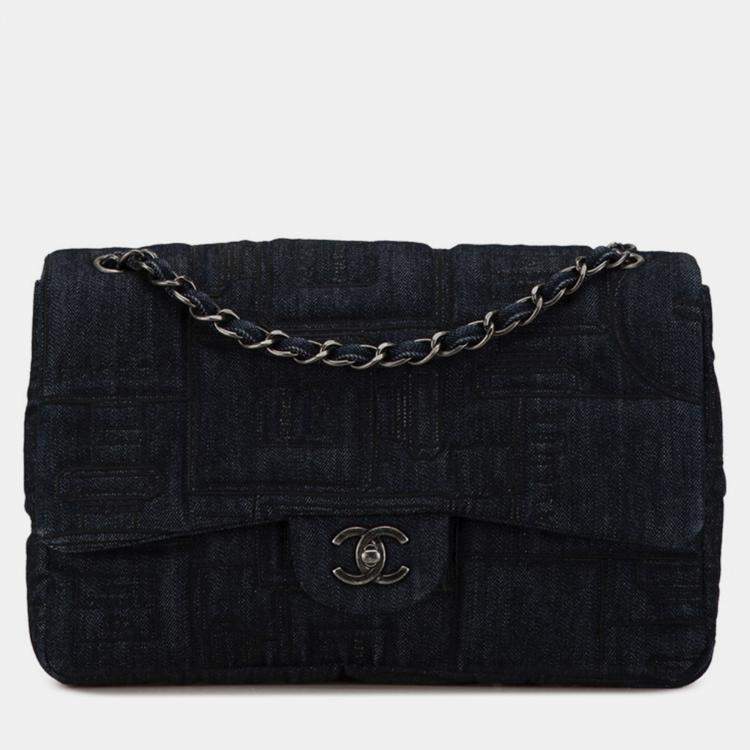Pre Owned Chanel Blue Denim Perfume Embroidery Chain Shoulder Bag