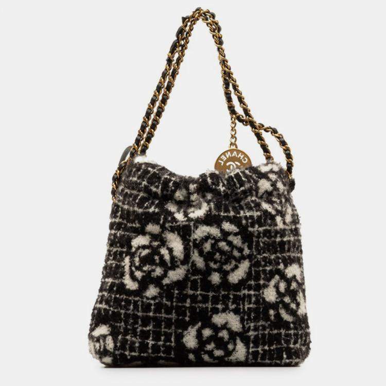 Pre Owned Chanel Black Cotton Camellia Logo Gold Chain Tote Shoulder Bag