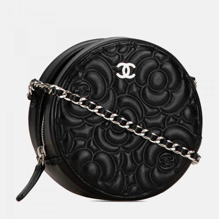 Pre Owned Chanel Black Leather Camellia Round Mini Chain Shoulder Bag