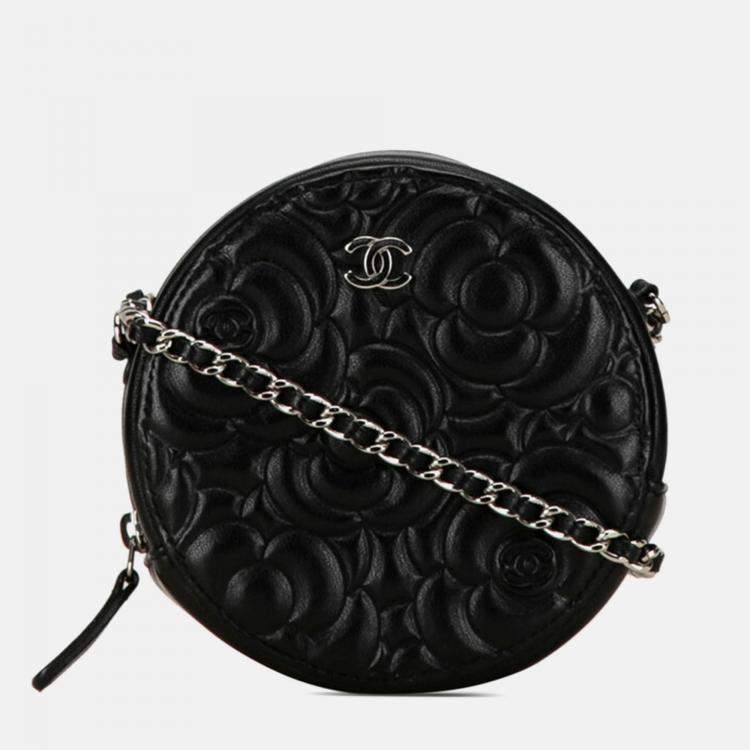 Pre Owned Chanel Black Leather Camellia Round Mini Chain Shoulder Bag