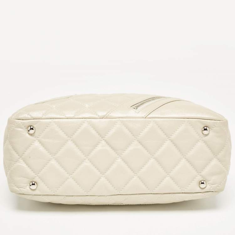 Pre Owned Chanel Light Beige Quilted Aged Leather Cotton Club Bowler Bag