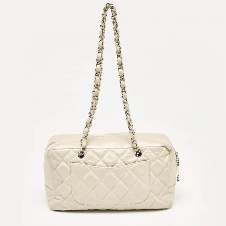 Pre Owned Chanel Light Beige Quilted Aged Leather Cotton Club Bowler Bag