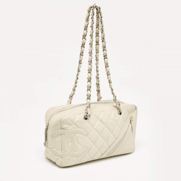 Pre Owned Chanel Light Beige Quilted Aged Leather Cotton Club Bowler Bag