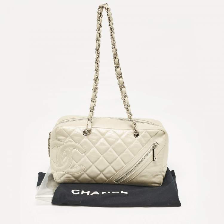 Pre Owned Chanel Light Beige Quilted Aged Leather Cotton Club Bowler Bag