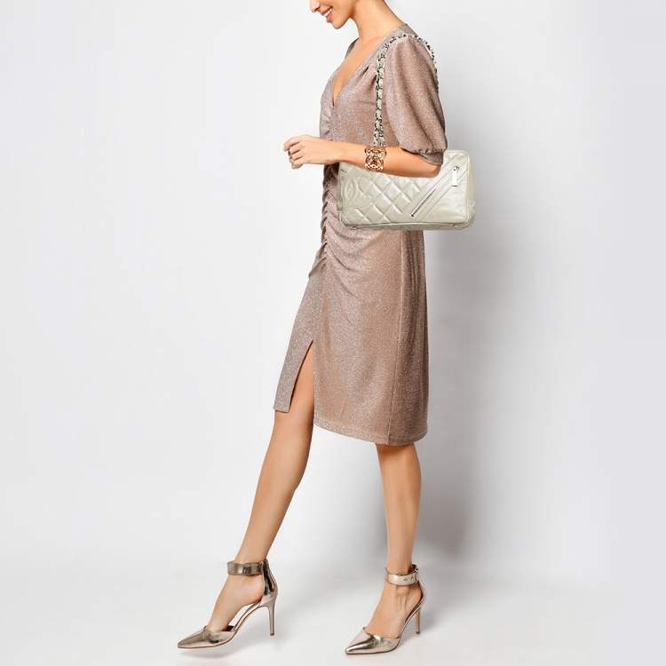 Pre Owned Chanel Light Beige Quilted Aged Leather Cotton Club Bowler Bag