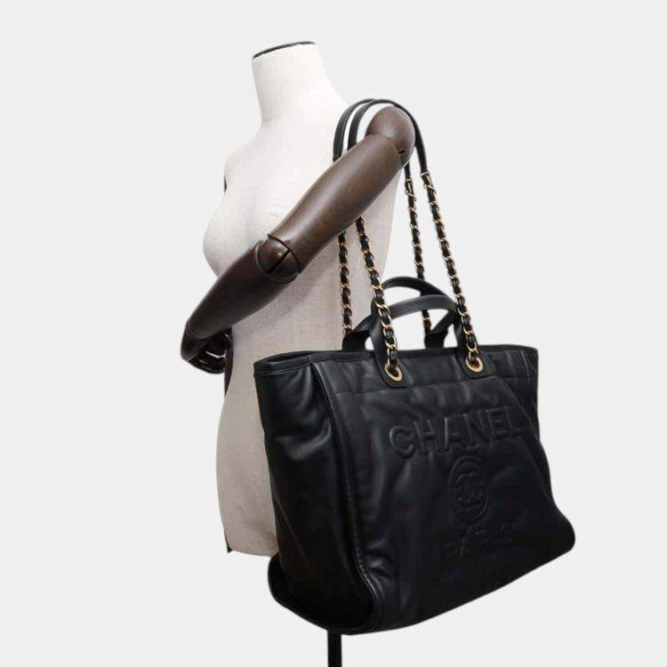 Pre Owned Chanel Black Lambskin Leather  Deauville Tote Bag