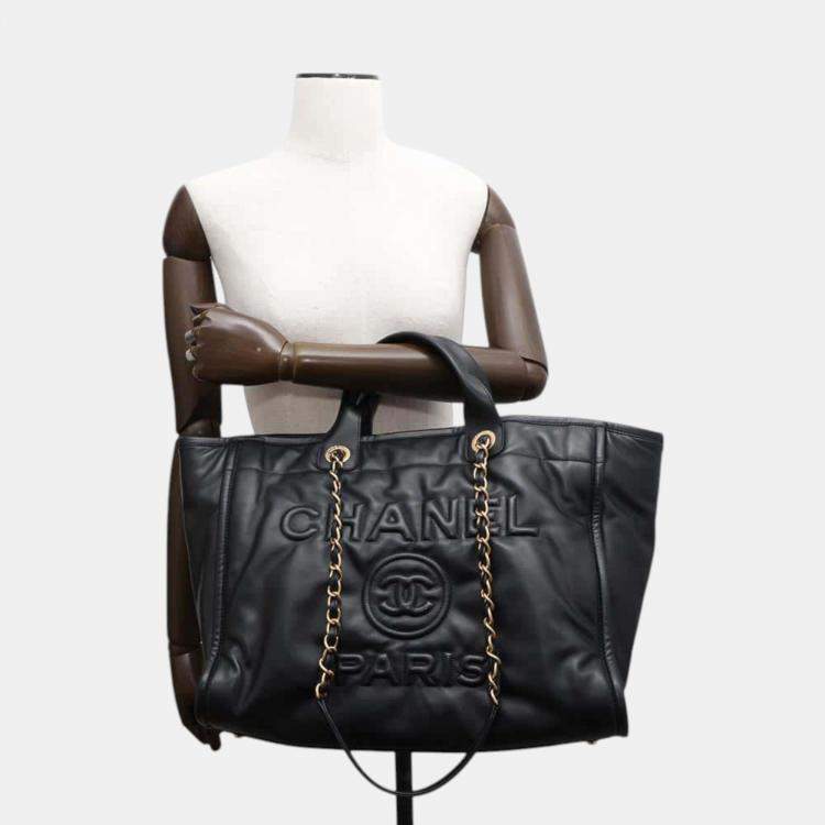 Pre Owned Chanel Black Lambskin Leather  Deauville Tote Bag