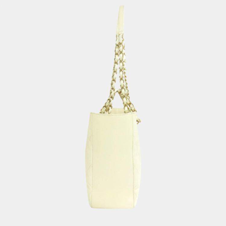 Pre Owned Chanel White Caviar  Leather Chain Tote Bag