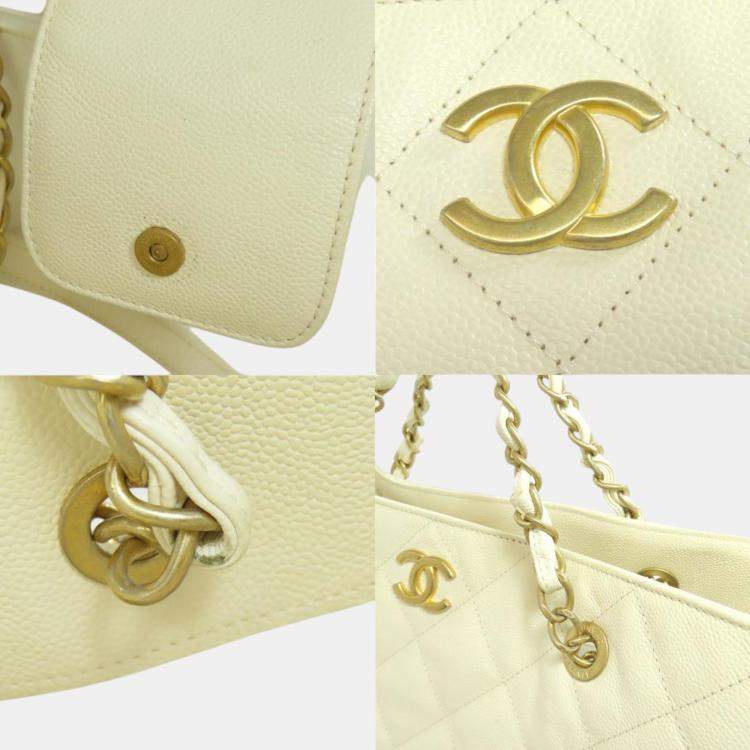 Pre Owned Chanel White Caviar  Leather Chain Tote Bag