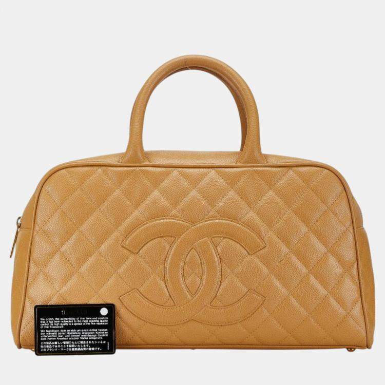 Pre Owned Chanel Beige Caviar Leather Coco Mark Bowling  Bag