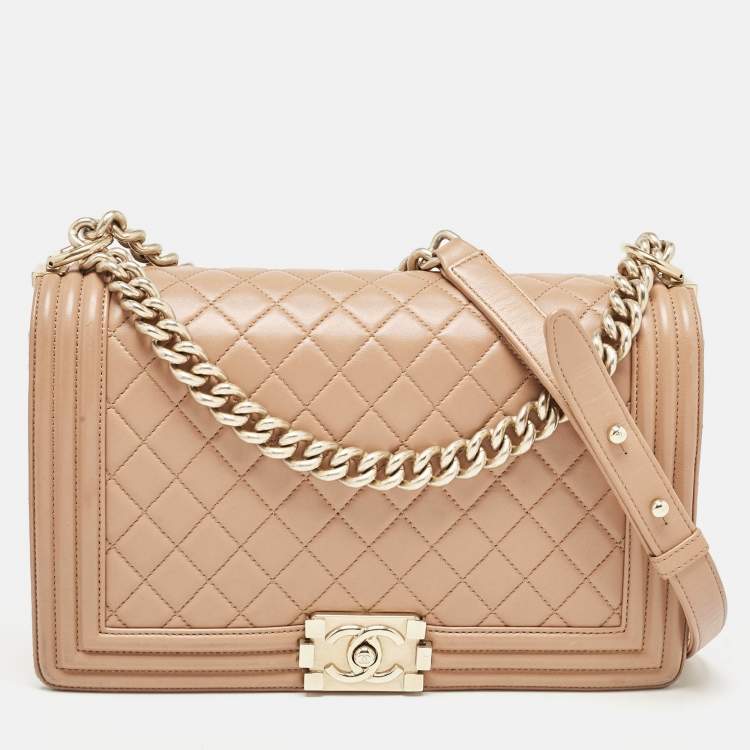 Pre Owned Chanel Beige Quilted Leather New Medium Boy Flap Bag
