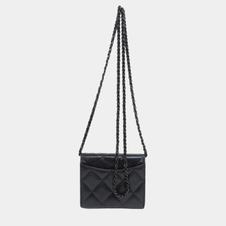 Pre Owned Chanel Black Lambskin Leather Chain Bi-Fold Wallet