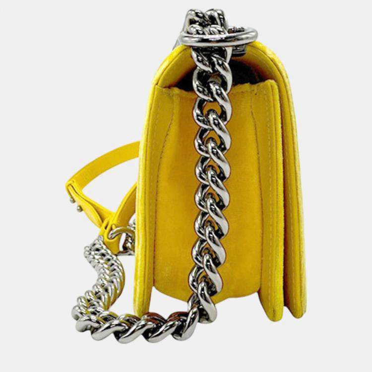 Pre Owned Chanel Yellow Velvet Boy Chain Shoulder Bag