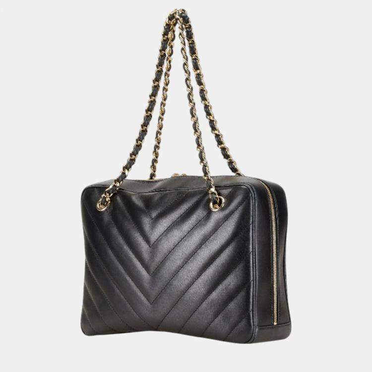 Pre Owned Chanel Black Lambskin Leather V-Stitch Chain Shoulder Bag