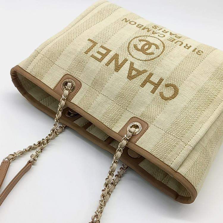Pre Owned Chanel Beige Brown Canvas Deauville Tote and Shoulder Bag