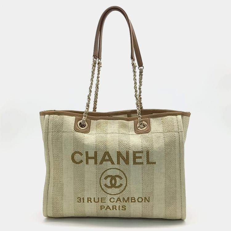 Pre Owned Chanel Beige Brown Canvas Deauville Tote and Shoulder Bag
